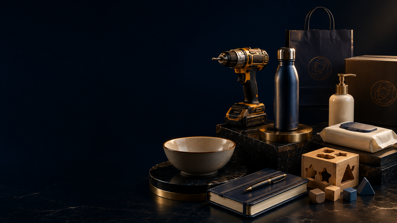 Fortium Global Group — curated still life of quality retail products: cordless drill, insulated bottle, ceramic bowl, notebook, and a wooden shape-sorter toy, styled on dark marble and brass with a premium gift bag